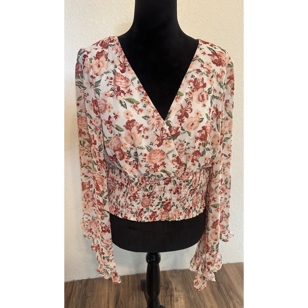Meraki Top Juniors L Floral Bell Sleeve Smocked Babydoll Fairy Festival Feminine
